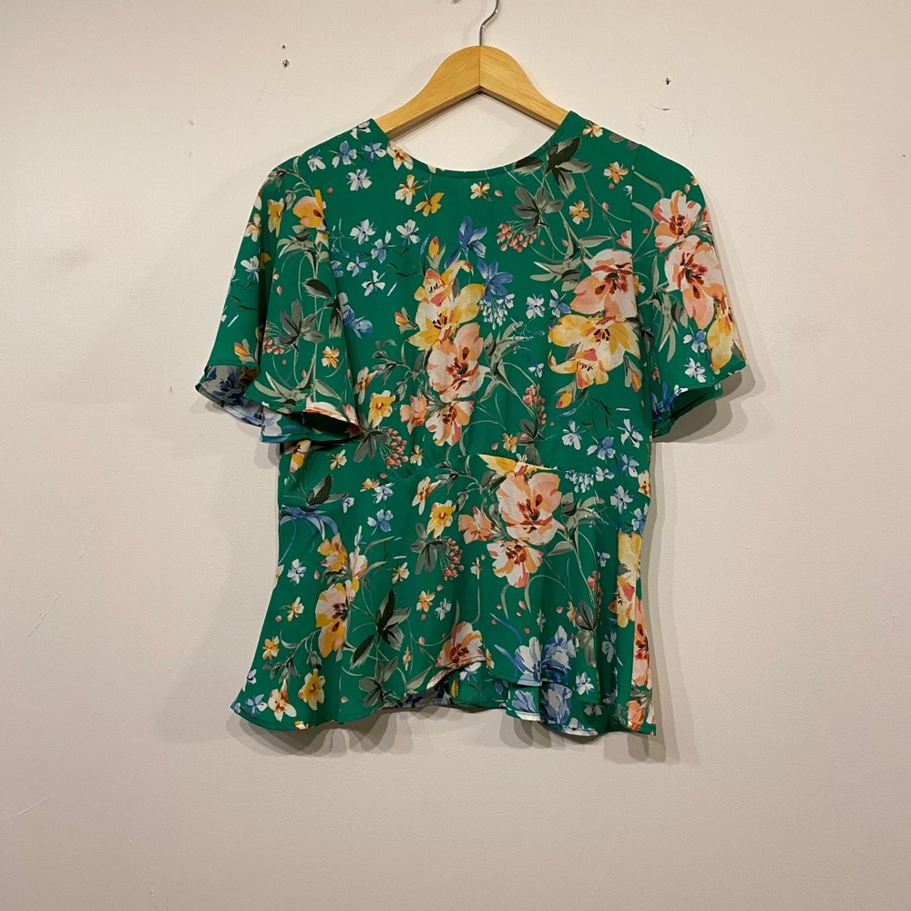 Loft Green Floral Peplum Blouse Short Flutter Sleeve Top Size 0